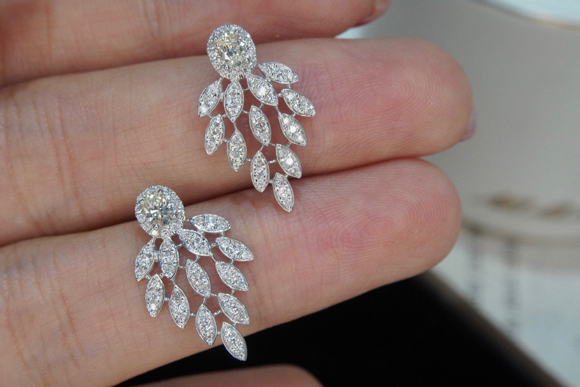 Fancy 18K Solid Gold Full Diamond Dangle Leaf Stud Earrings, Wedding Earrings