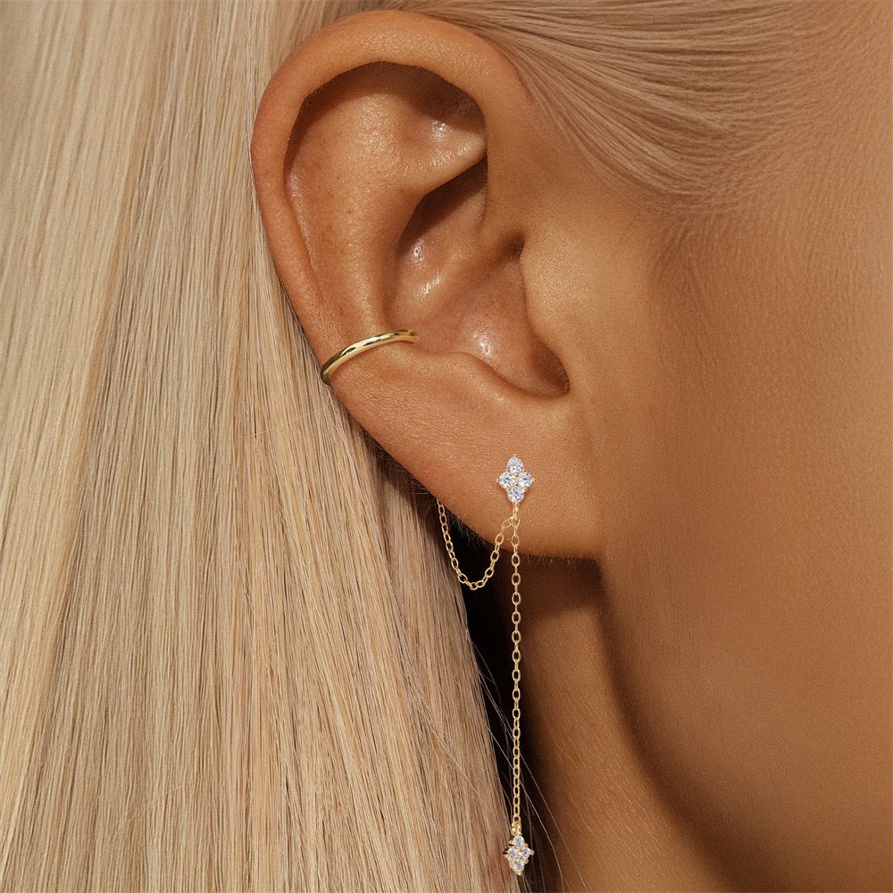 18K gold plated S925 sterling silver Floral & Star Tassel Drop Earrings, Clip-On earrings