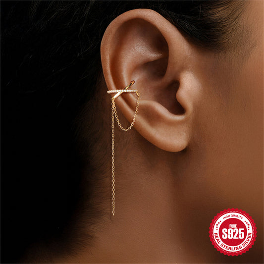 18K gold plated S925 sterling silver Cross Design Tassel Zircon Earrings,Clip-On Huggie