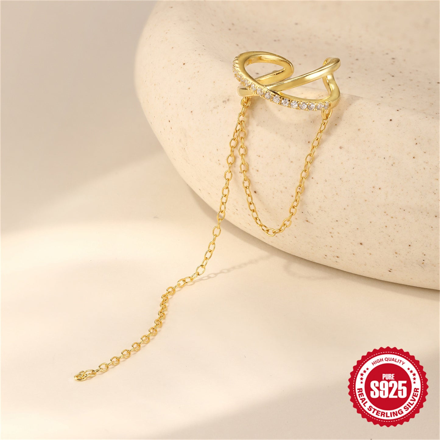 18K gold plated S925 sterling silver Cross Design Tassel Zircon Earrings,Clip-On Huggie