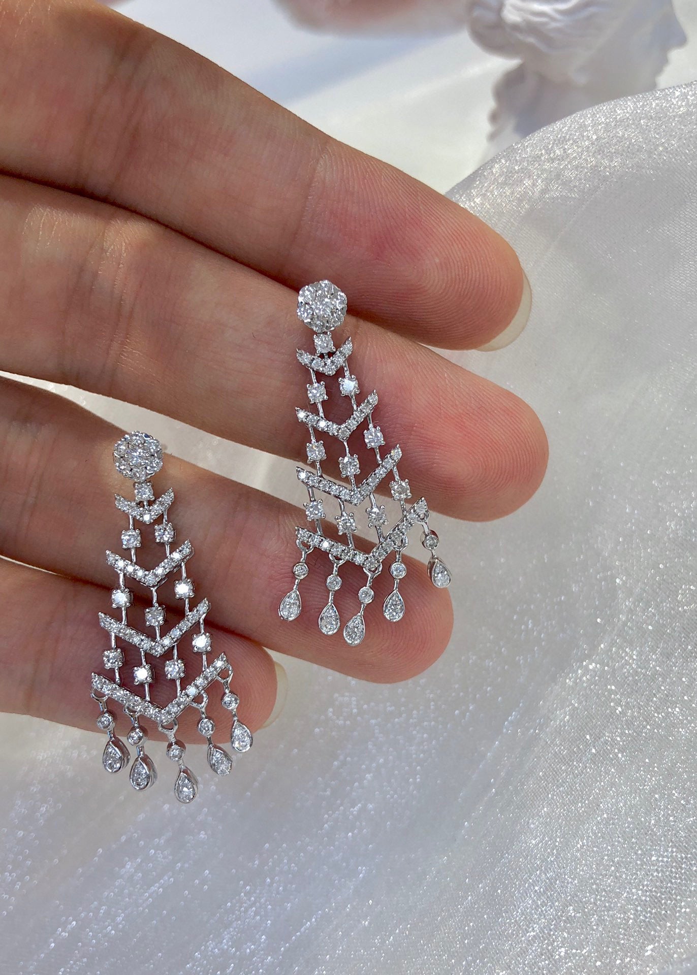 Fancy 18K Solid Gold Full Diamond Lace Dangle Earrings, Wedding Earrings