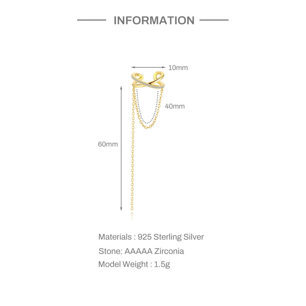 18K gold plated S925 sterling silver Cross Design Tassel Zircon Earrings,Clip-On Huggie