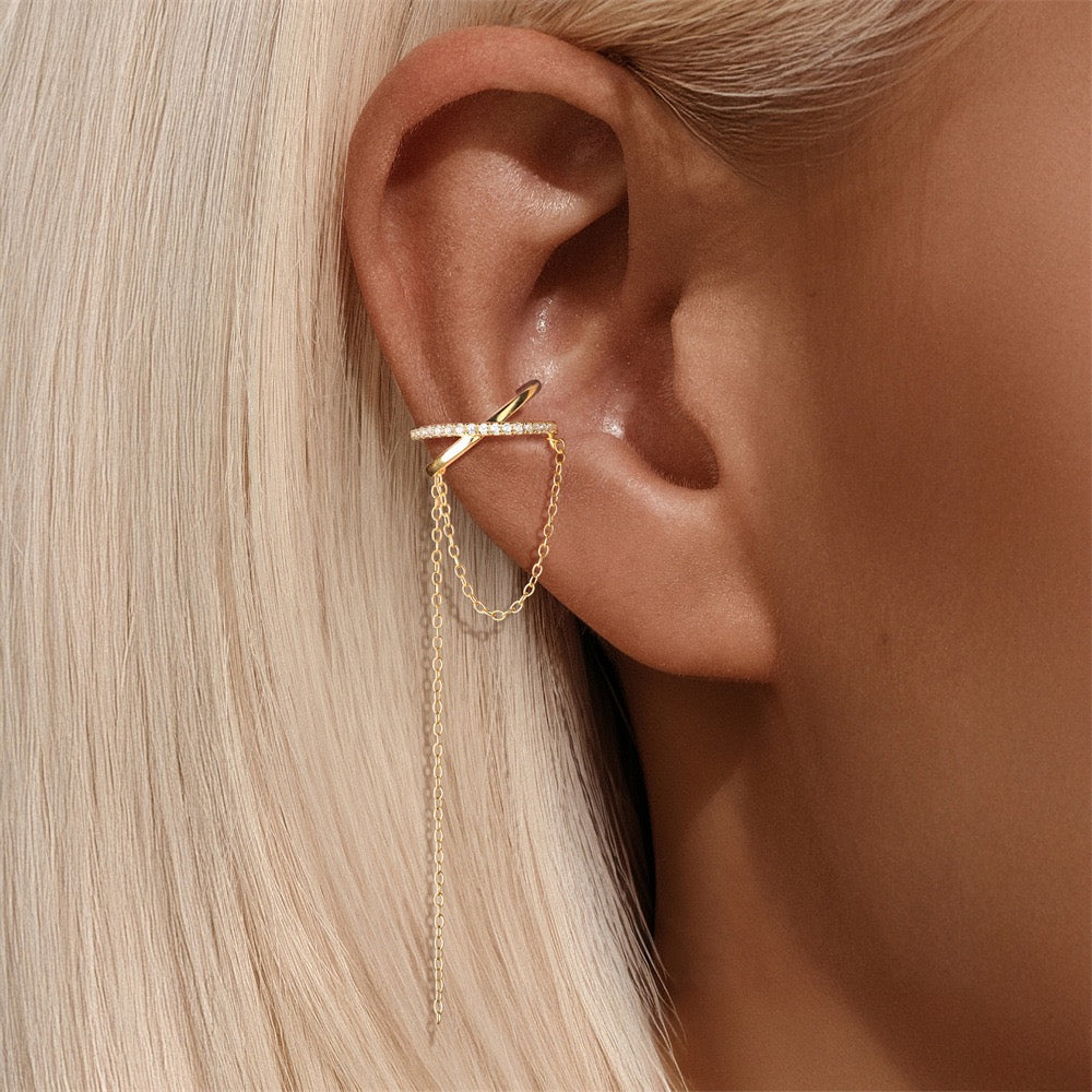 18K gold plated S925 sterling silver Cross Design Tassel Zircon Earrings,Clip-On Huggie