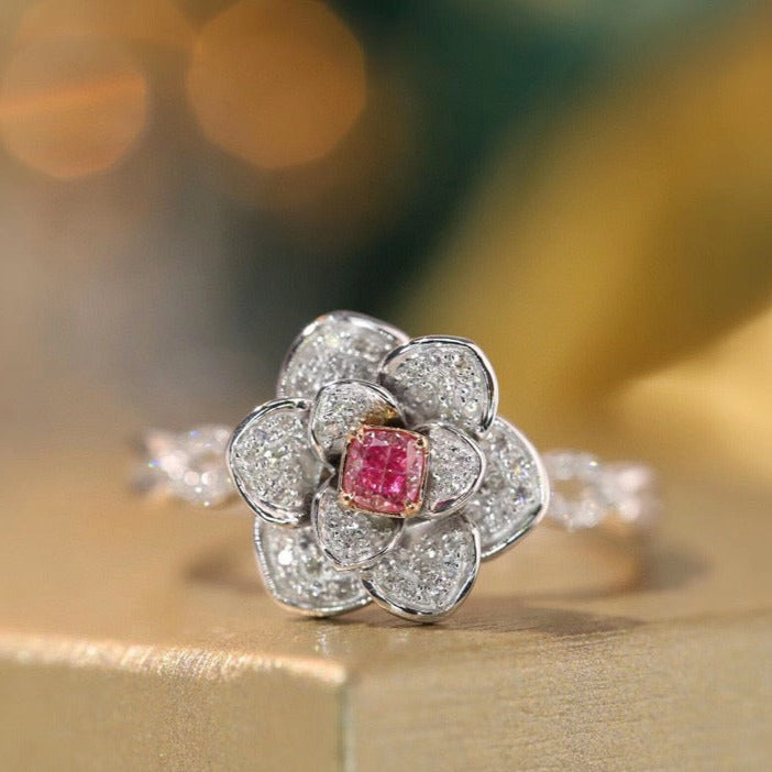 Vintage 18K Solid Gold Pink Diamond Rose Ring, Wedding Ring, Gift for her