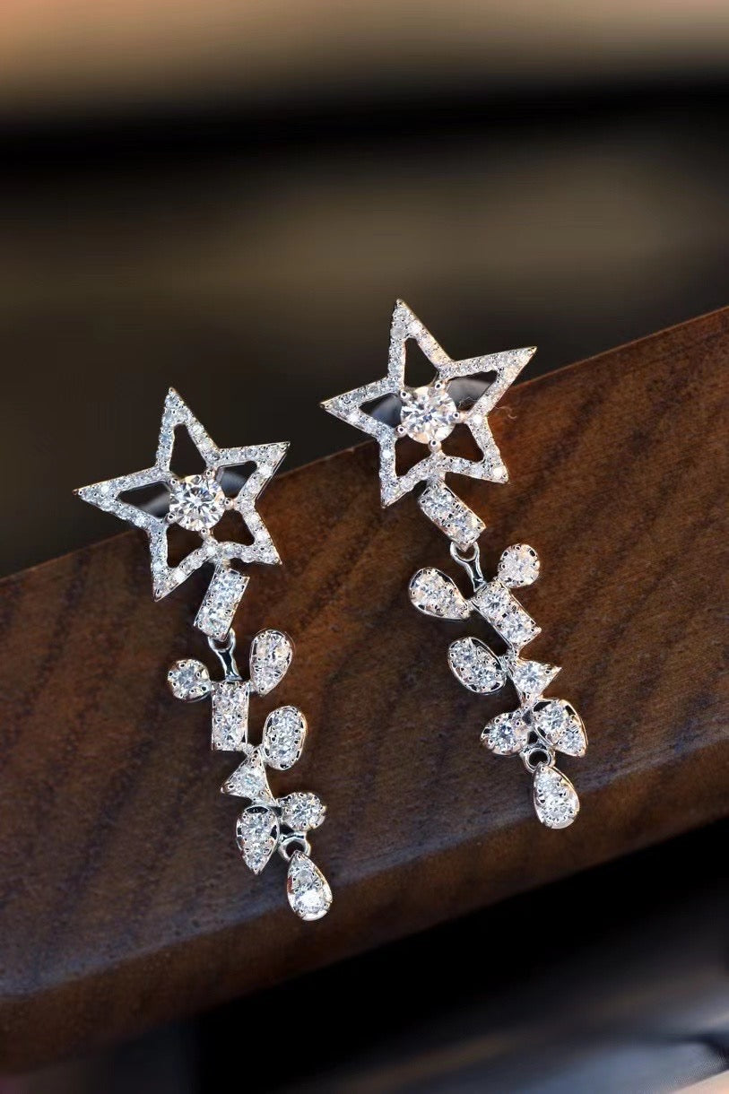 Vintage 18K Solid Gold Full Diamond Star Earrings, wedding jewelry