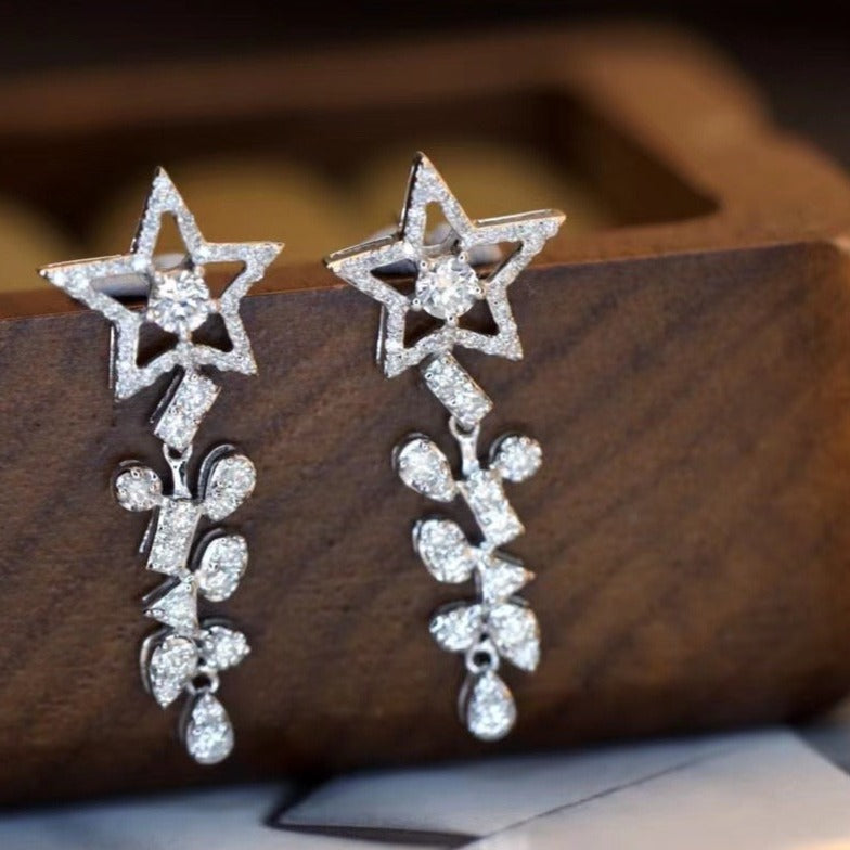 Vintage 18K Solid Gold Full Diamond Star Earrings, wedding jewelry