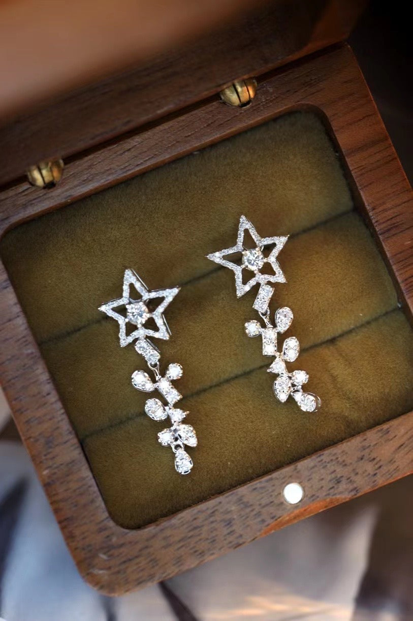 Vintage 18K Solid Gold Full Diamond Star Earrings, wedding jewelry