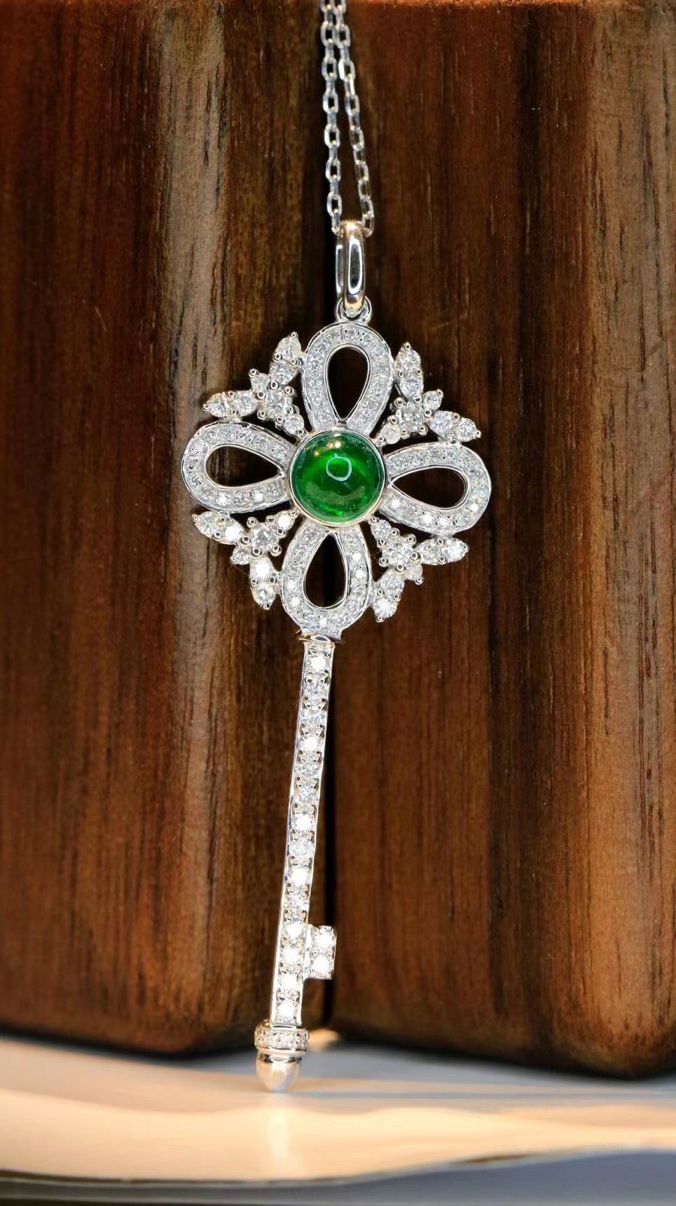 Vintage 18K Solid Gold Emerald and Diamond Key Pendant Necklace