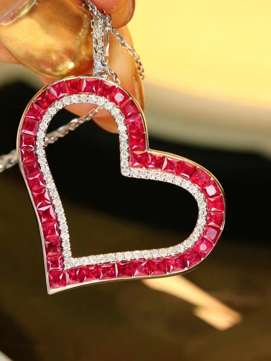 Vintage 18K Solid Gold Full Ruby Diamond Heart Pendant, Wedding Necklace, gift for her