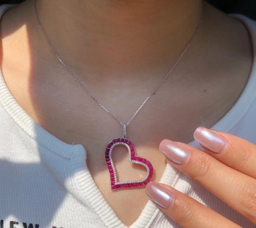 Vintage 18K Solid Gold Full Ruby Diamond Heart Pendant, Wedding Necklace, gift for her