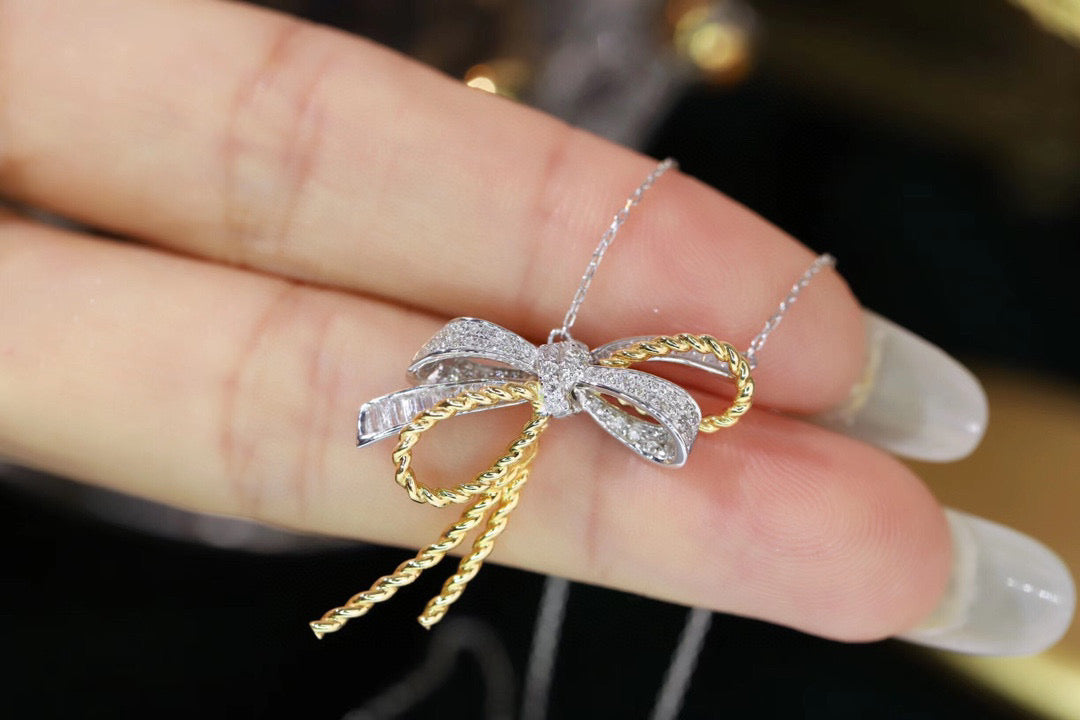 18k solid gold Diamond Bow Pendant Necklace, Wedding necklace