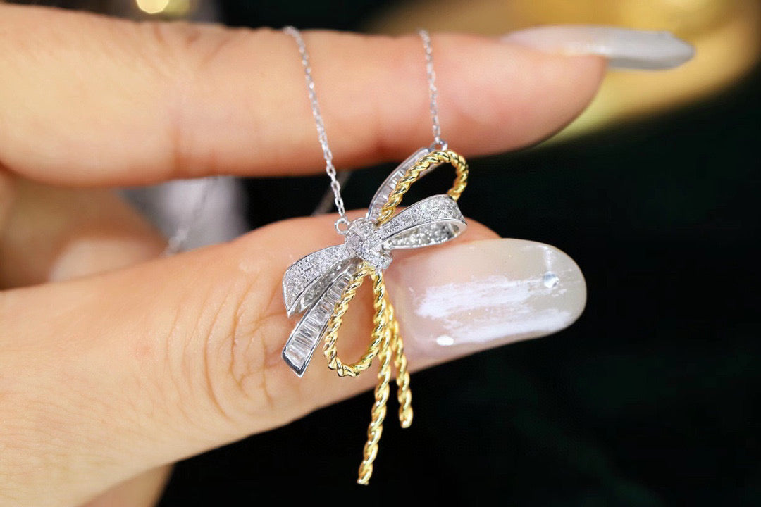 18k solid gold Diamond Bow Pendant Necklace, Wedding necklace