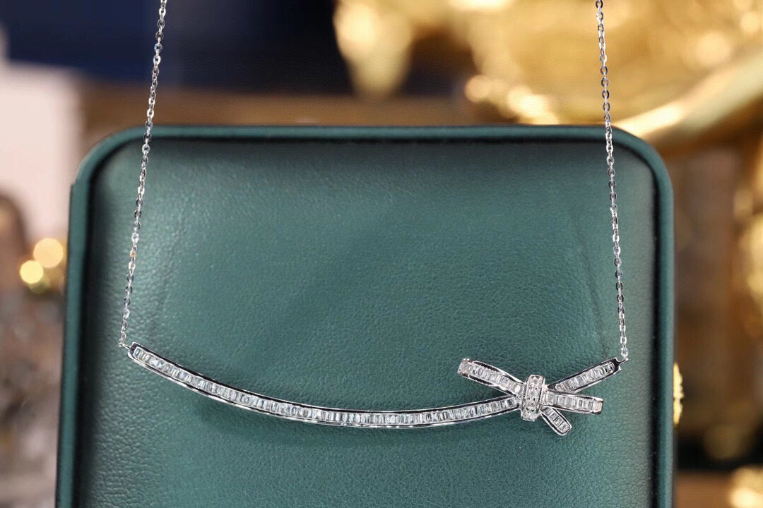 18k solid gold Full Diamond Bow Necklace, Wedding Necklace