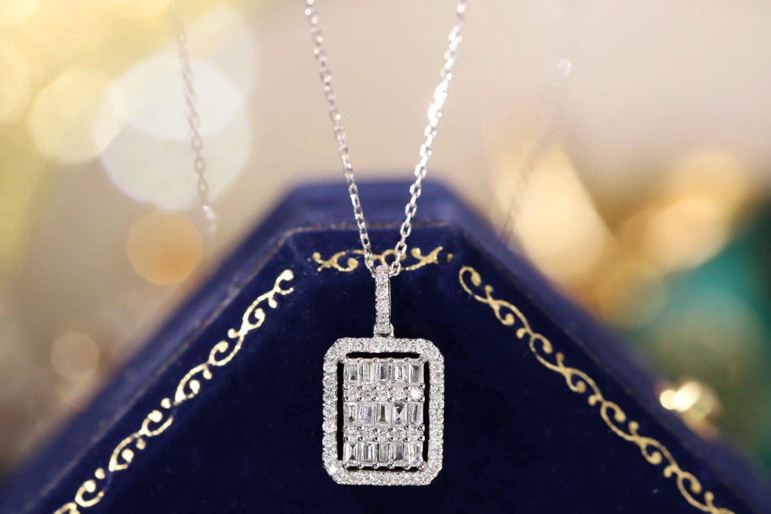 18K Solid Gold Full Diamond Pendant Necklace , wedding necklace