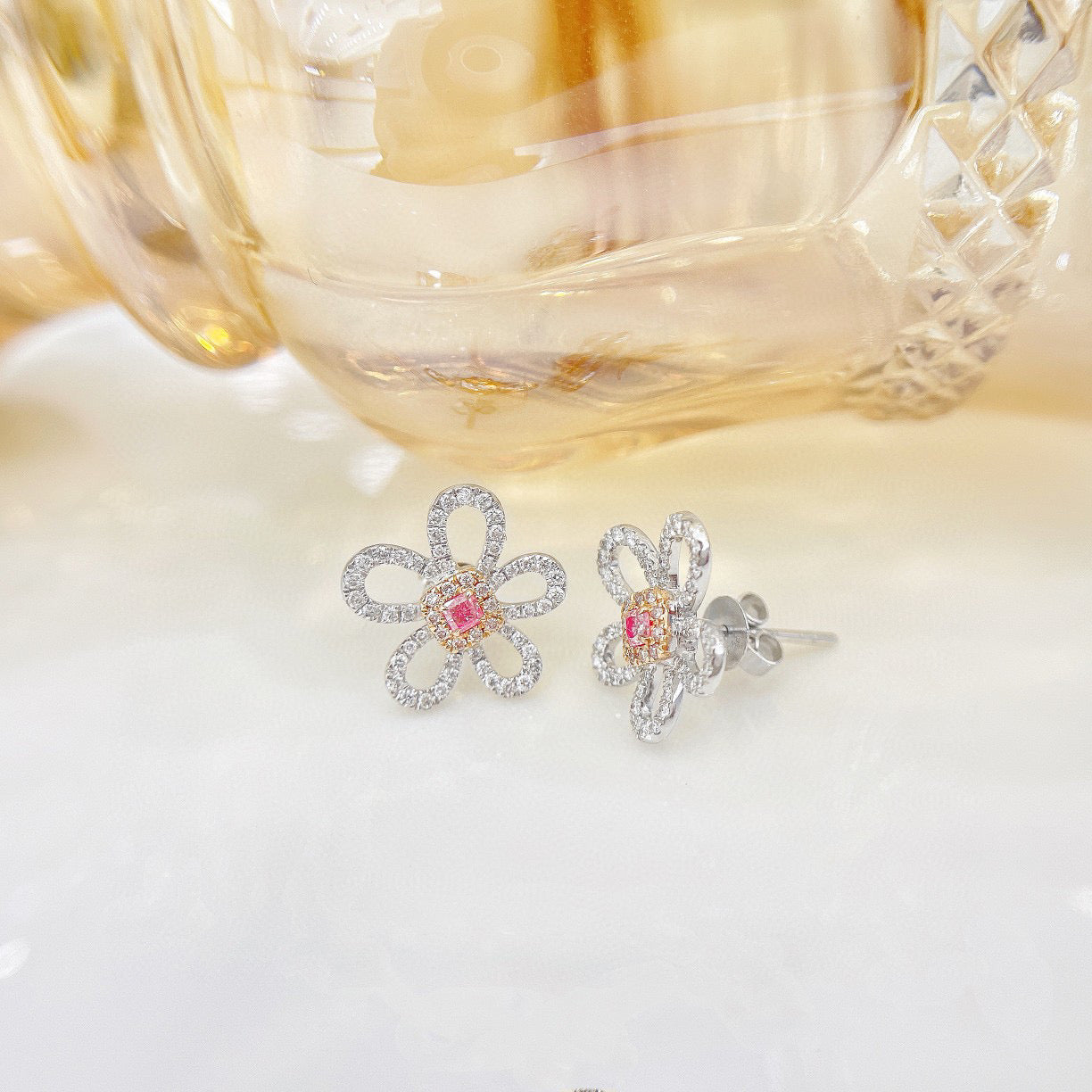 Vintage 18K Solid Gold Pink Diamond Flower Earrings, Wedding Earrings