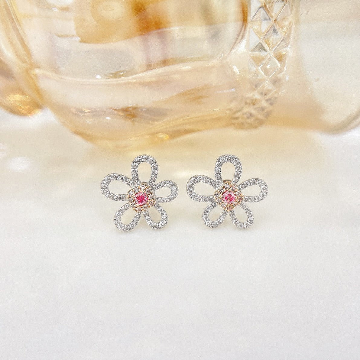 Vintage 18K Solid Gold Pink Diamond Flower Earrings, Wedding Earrings