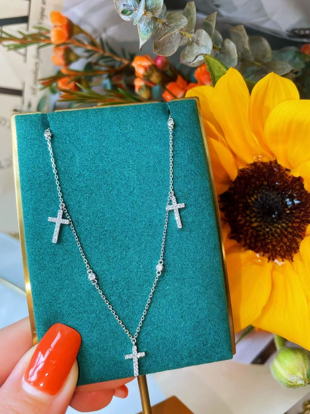 Vintage 18K solid gold Diamond Cross Pendant necklace/Genuine Diamond Cross Necklace/Wedding Necklace/Statement jewelry/gift for her