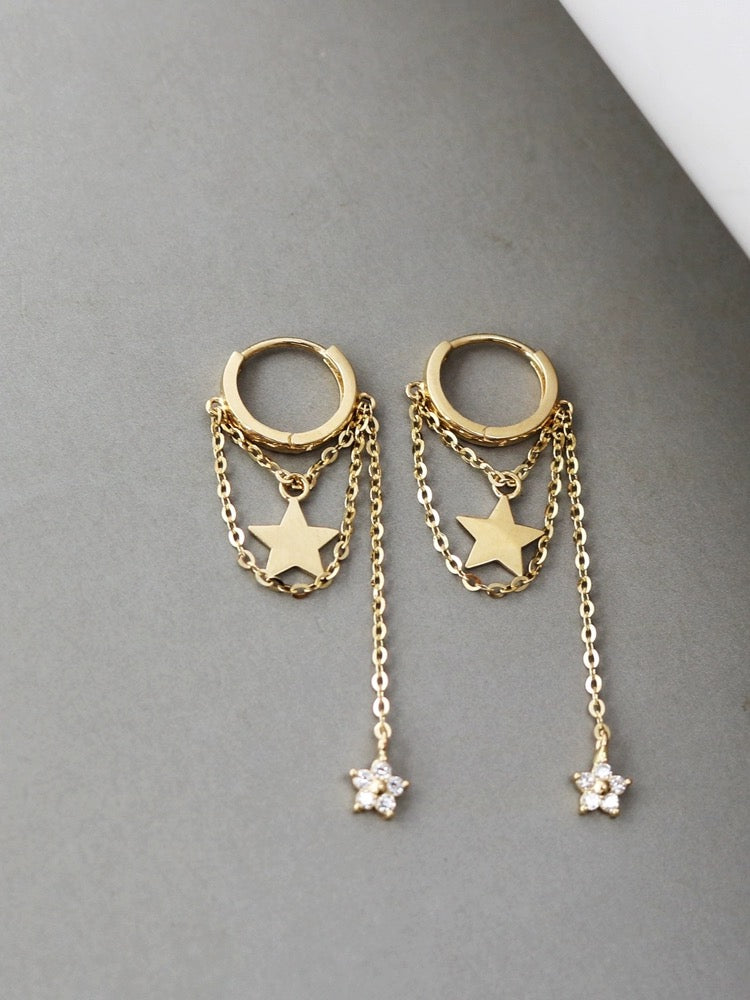 10K Solid Gold Hoop Dangle Layered Chain Earrings/Dainty Star hoop Earrings