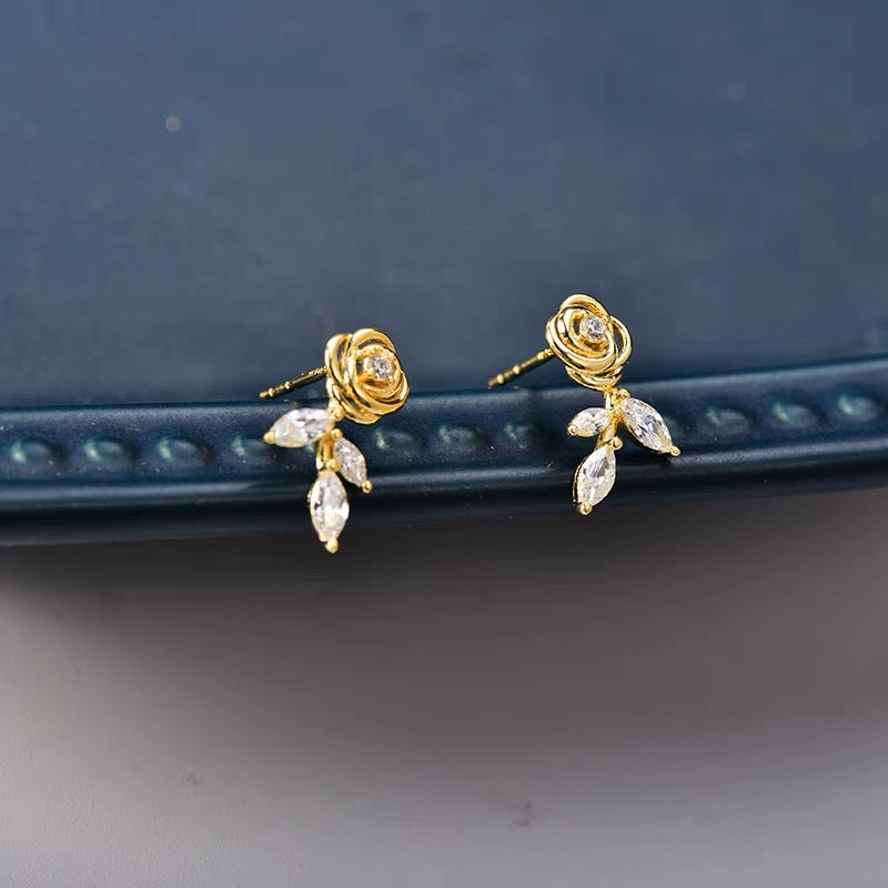 Dainty Gold Rose Stud Earrings/10K Solid Gold Flower CZ Diamond Earrings