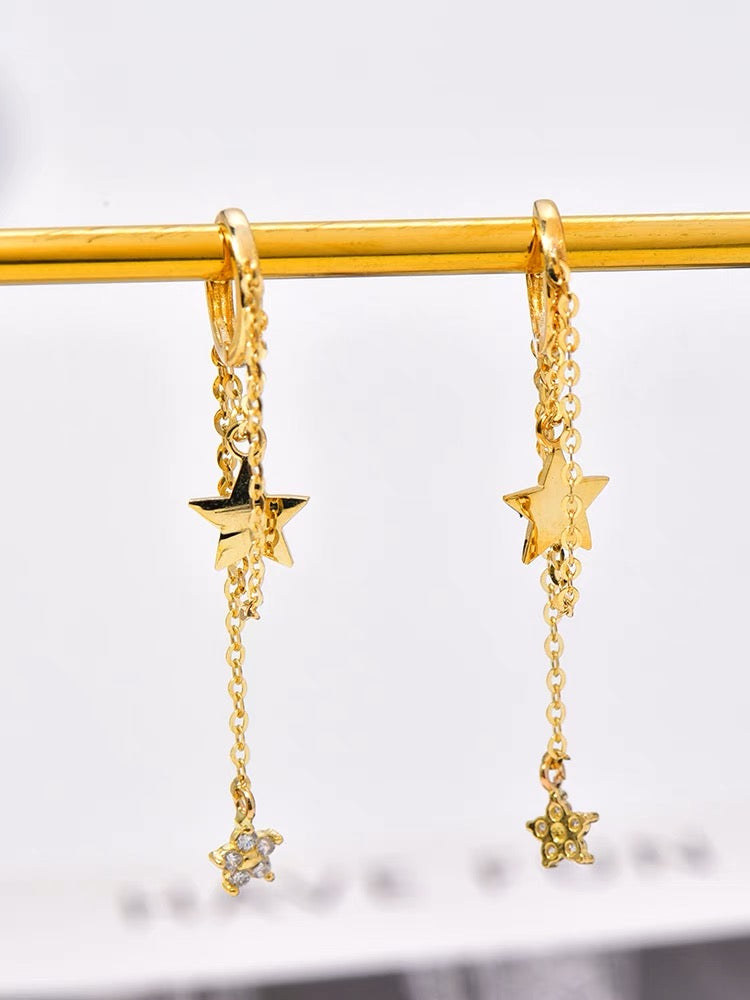 10K Solid Gold Hoop Dangle Layered Chain Earrings/Dainty Star hoop Earrings