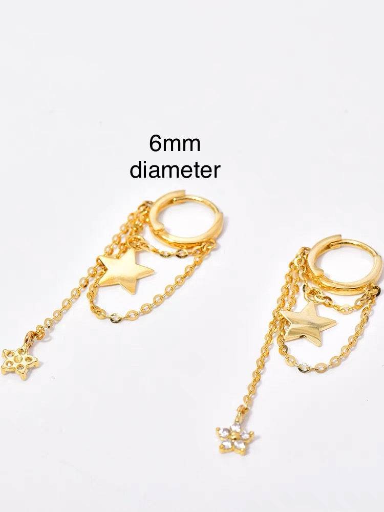 10K Solid Gold Hoop Dangle Layered Chain Earrings/Dainty Star hoop Earrings