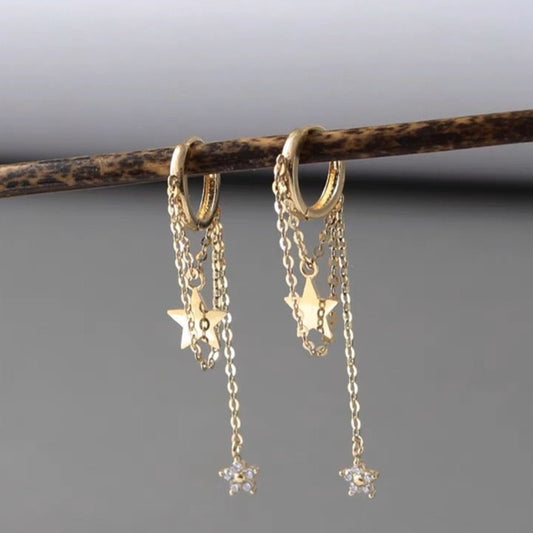 10K Solid Gold Hoop Dangle Layered Chain Earrings/Dainty Star hoop Earrings