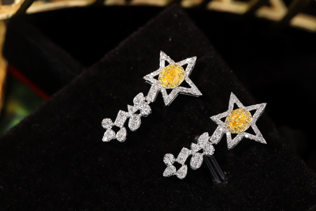 Comet Diamond Earrings, 18K Solid Gold Yellow Diamond Star Stud earrings,gift for her