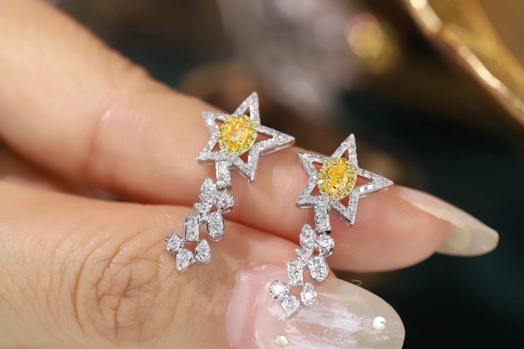 Comet Diamond Earrings, 18K Solid Gold Yellow Diamond Star Stud earrings,gift for her