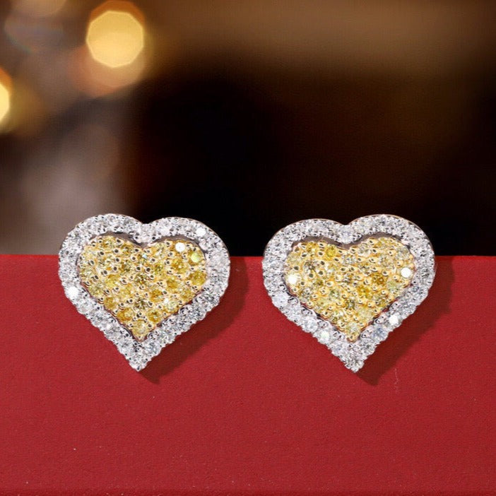 Heart Diamond Earrings, 18K Solid Gold Yellow Diamond Heart Stud Earrings, wedding earrings