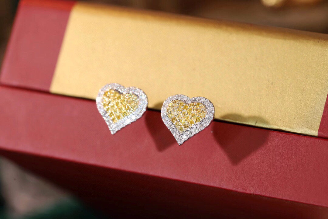 Heart Diamond Earrings, 18K Solid Gold Yellow Diamond Heart Stud Earrings, wedding earrings