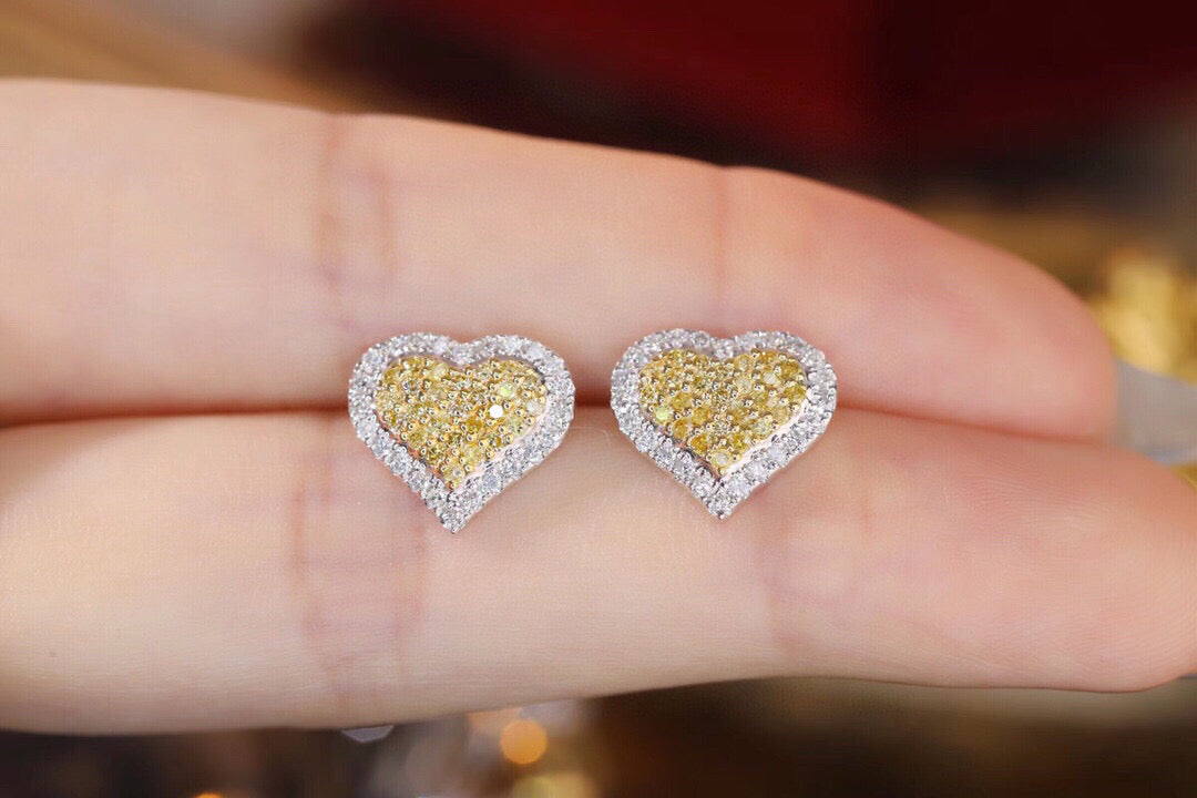 Heart Diamond Earrings, 18K Solid Gold Yellow Diamond Heart Stud Earrings, wedding earrings