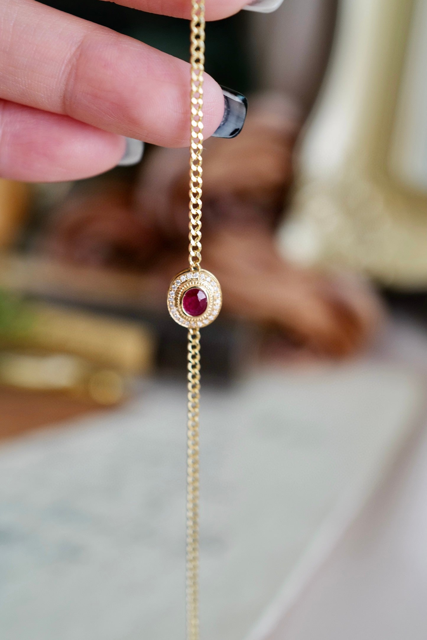 Vintage Genuine Ruby Diamond Bracelet/18K Solid Gold Ruby Diamond Cuban Chain Bracelet