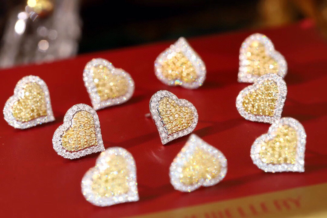 Heart Diamond Earrings, 18K Solid Gold Yellow Diamond Heart Stud Earrings, wedding earrings