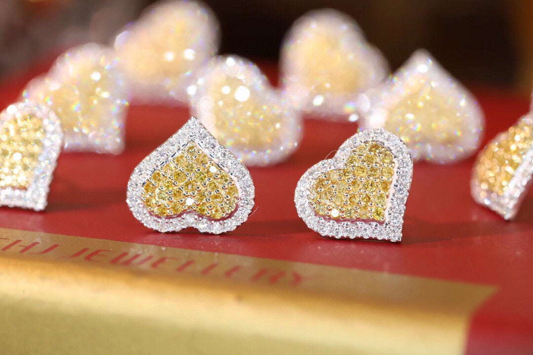 Heart Diamond Earrings, 18K Solid Gold Yellow Diamond Heart Stud Earrings, wedding earrings