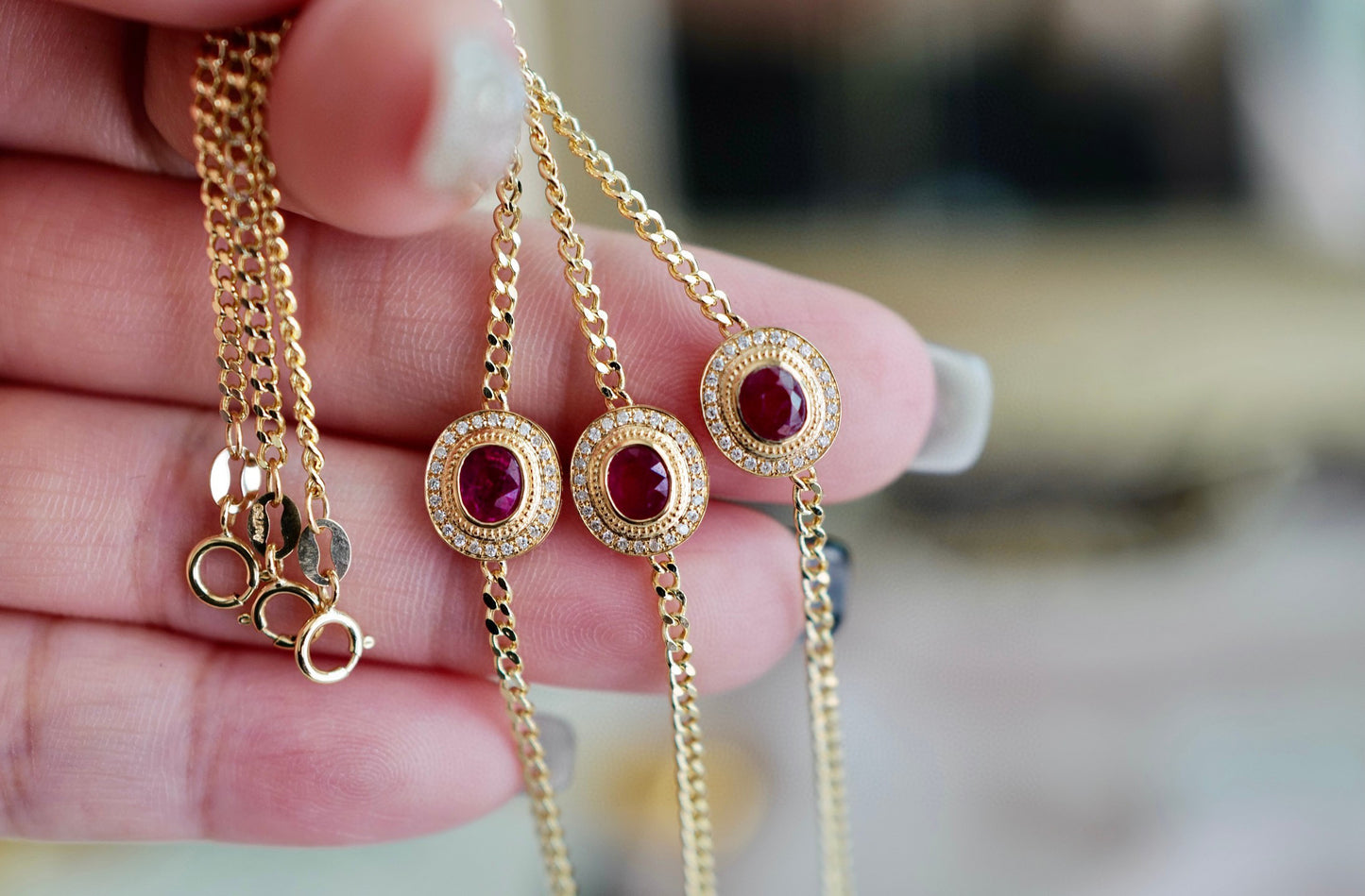 Vintage Genuine Ruby Diamond Bracelet/18K Solid Gold Ruby Diamond Cuban Chain Bracelet