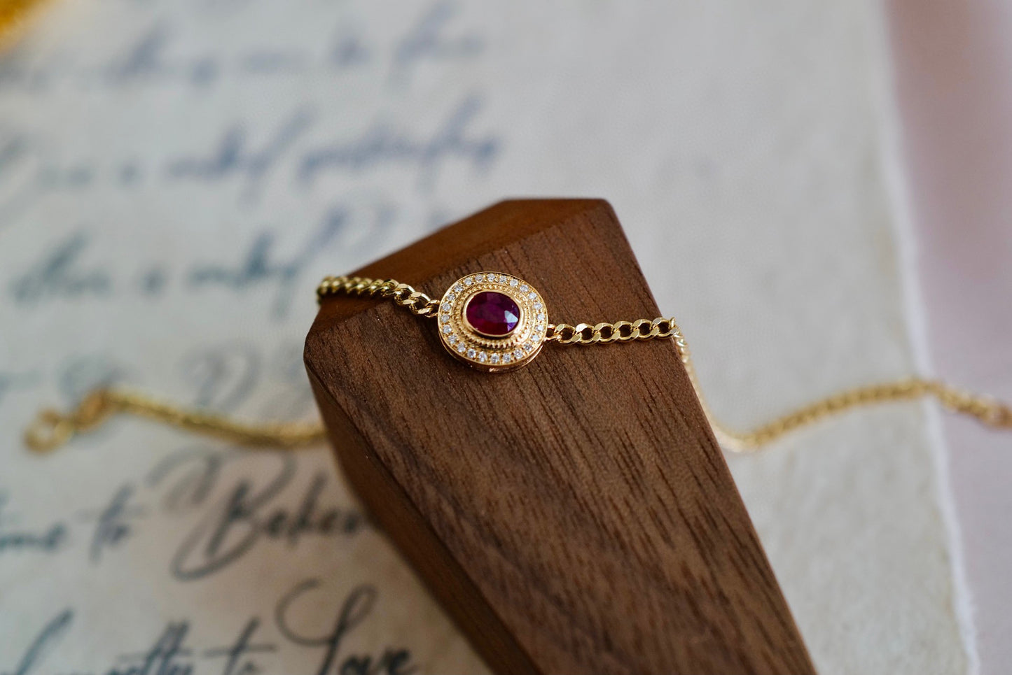 Vintage Genuine Ruby Diamond Bracelet/18K Solid Gold Ruby Diamond Cuban Chain Bracelet