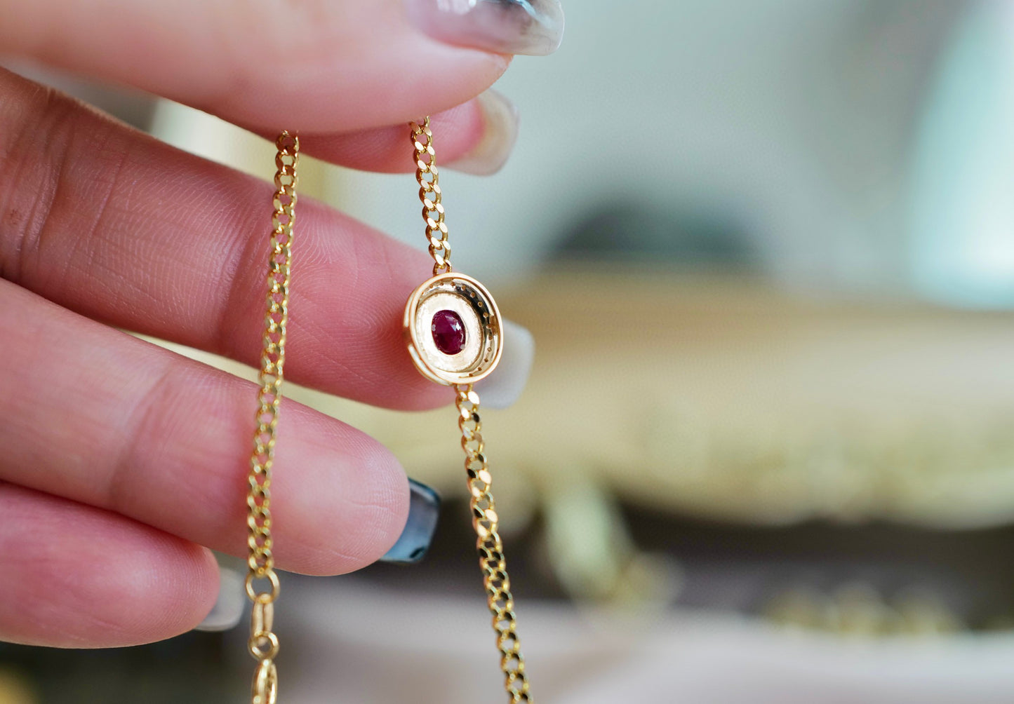 Vintage Genuine Ruby Diamond Bracelet/18K Solid Gold Ruby Diamond Cuban Chain Bracelet