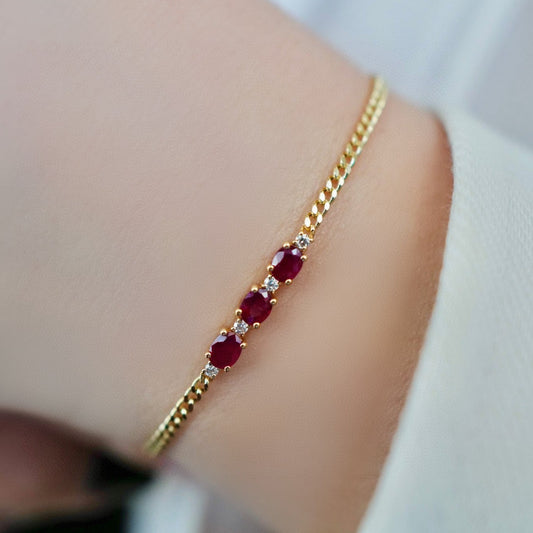 Classic Gold Ruby Diamond Bracelet/18K Solid Gold Natural Three Stones Ruby Bracelet/Ruby Diamond Cuban chain Bracelet/Engagement Bracelet