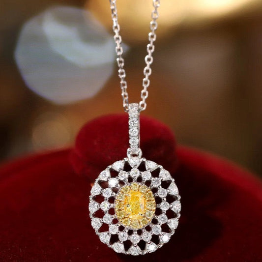 Art Deco Diamond Pendant Necklace, 18K Solid Gold Yellow Diamond Necklace, Wedding Necklace