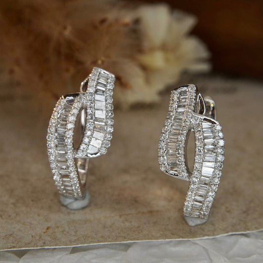 Vintage Baguette Diamond Earrings, 18K Solid Gold Full Diamond Hoop earrings, wedding earrings