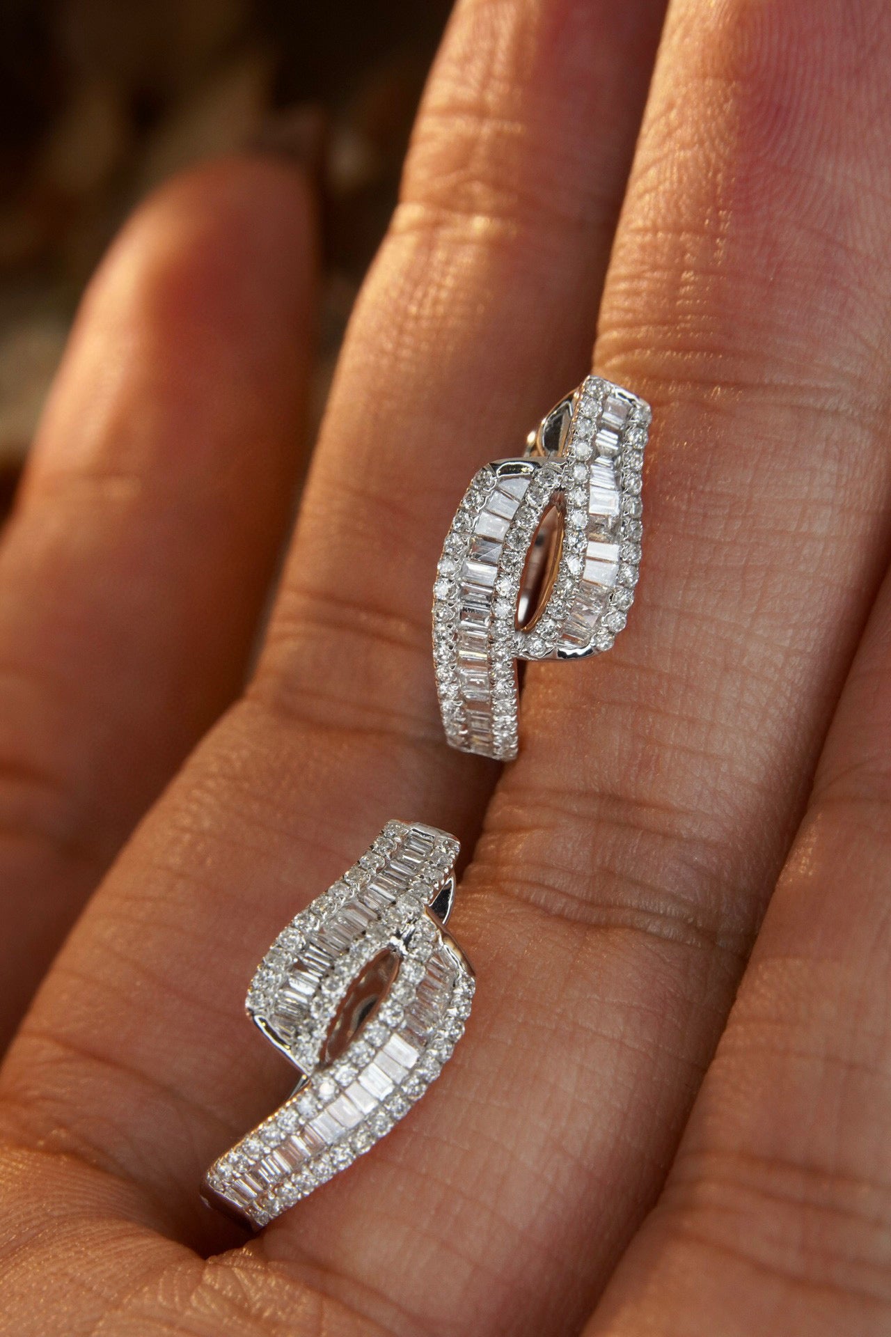 Vintage Baguette Diamond Earrings, 18K Solid Gold Full Diamond Hoop earrings, wedding earrings