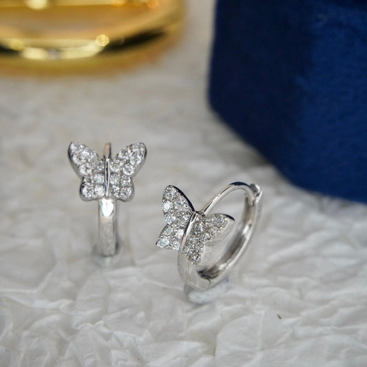 Butterfly Diamond Earrings, Dainty 18K Solid Gold Diamond Butterfly Hoop Earrings, everyday wear earrings