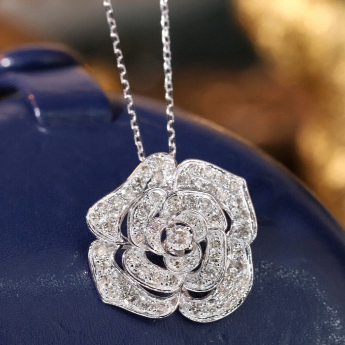 K gold Diamond Camellia Necklace, 18K Solid Gold Diamond Flower Necklace