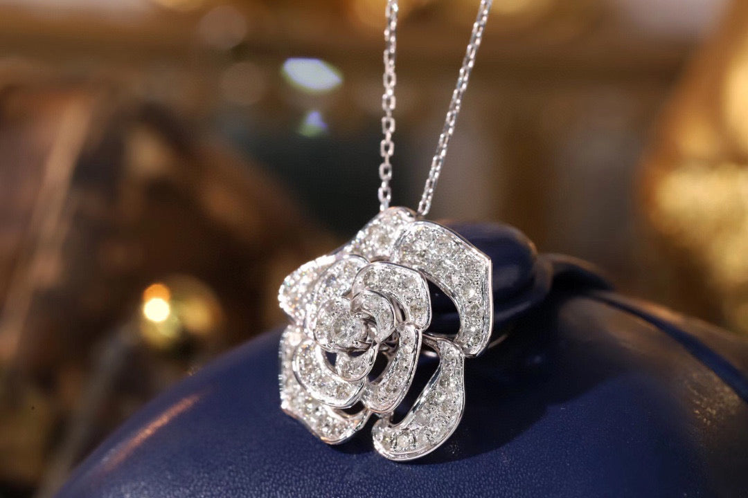 K gold Diamond Camellia Necklace, 18K Solid Gold Diamond Flower Necklace