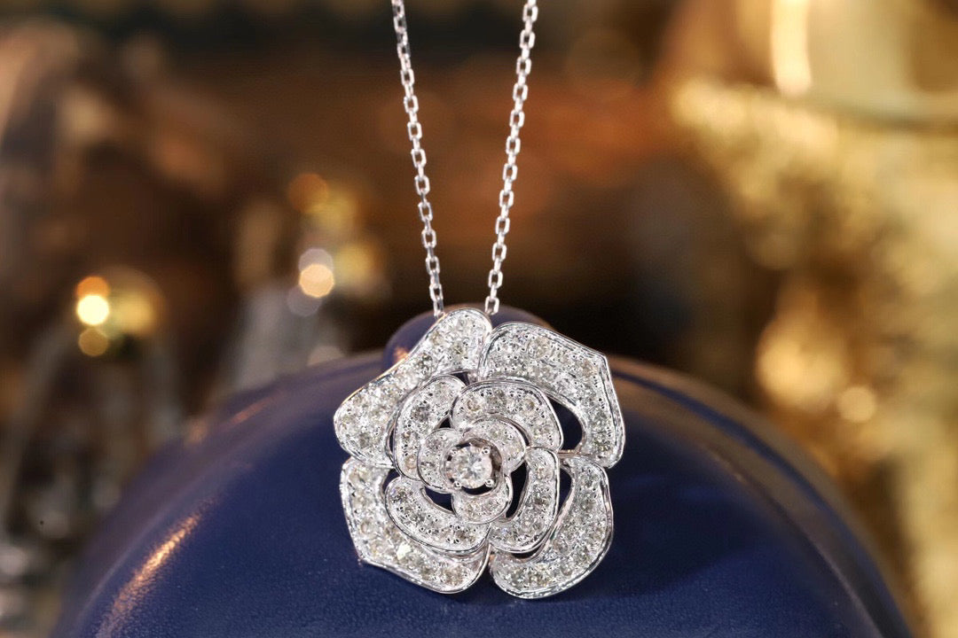 K gold Diamond Camellia Necklace, 18K Solid Gold Diamond Flower Necklace