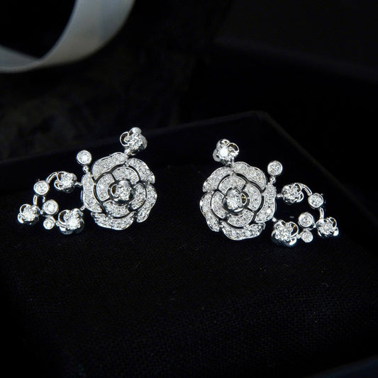 Vintage Camellia Diamond earrings, 18K Solid Gold Full Diamond Camellia Stud Earrings, Wedding Earrings