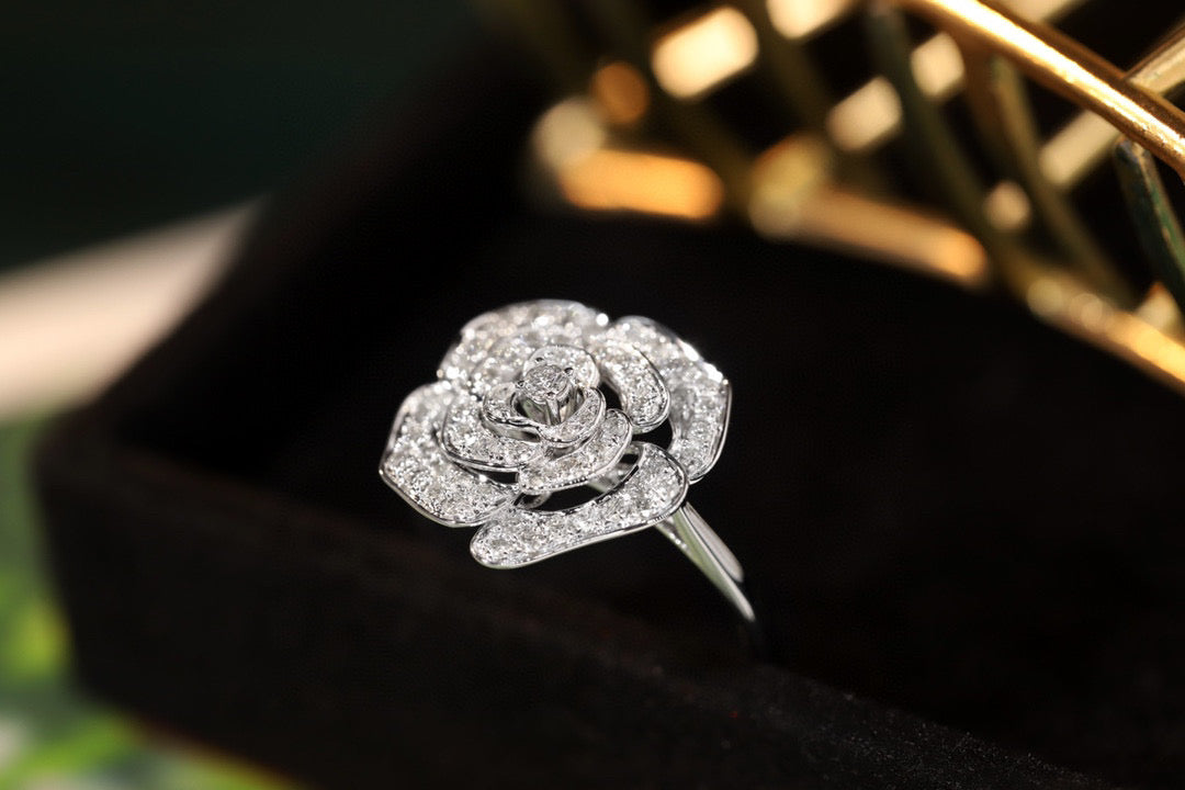 Full Diamond Rose Ring, 18K Solid Gold Diamond Camellia Ring