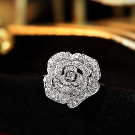 Full Diamond Rose Ring, 18K Solid Gold Diamond Camellia Ring