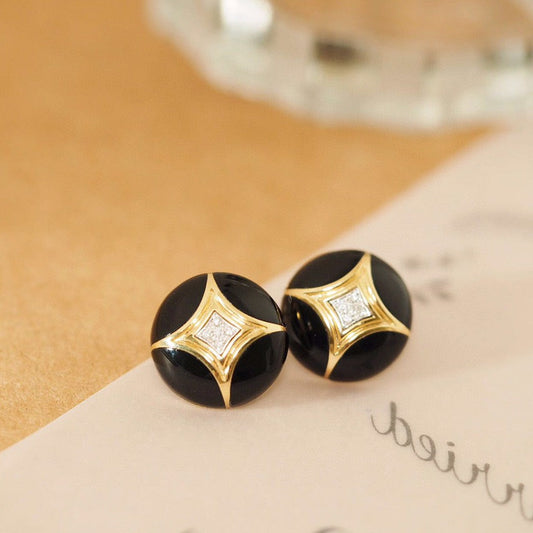 Vintage Black Onyx Diamond Earrings, 18K Solid Gold Onyx Diamond Earrings