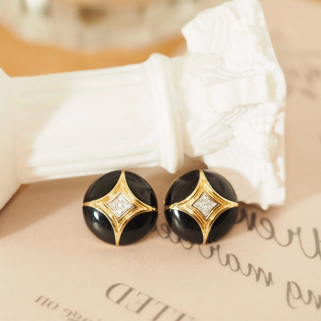 Vintage Black Onyx Diamond Earrings, 18K Solid Gold Onyx Diamond Earrings